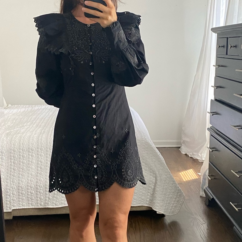 LoveShackFancy little black dress 0, X-small, mini long sleeve, cotton